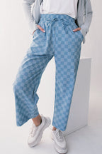 Sky Blue Checkered Elastic High Waist Loose Casual Pants