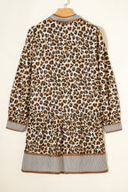 Brown Leopard Print Striped Patchwork 3/4 Sleeve Loose Mini Dress