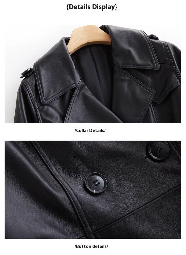 Black Long Tie Double Breasted Leather Wind Coat