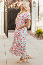 Pink Floral Puff Sleeve Square Neck Empire Waist Tiered Maxi Dress
