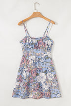 Sky Blue Floral Tiered Patchwork Spaghetti Strap Vacation Dress