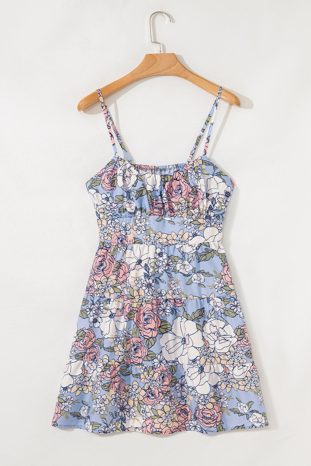 Sky Blue Floral Tiered Patchwork Spaghetti Strap Vacation Dress