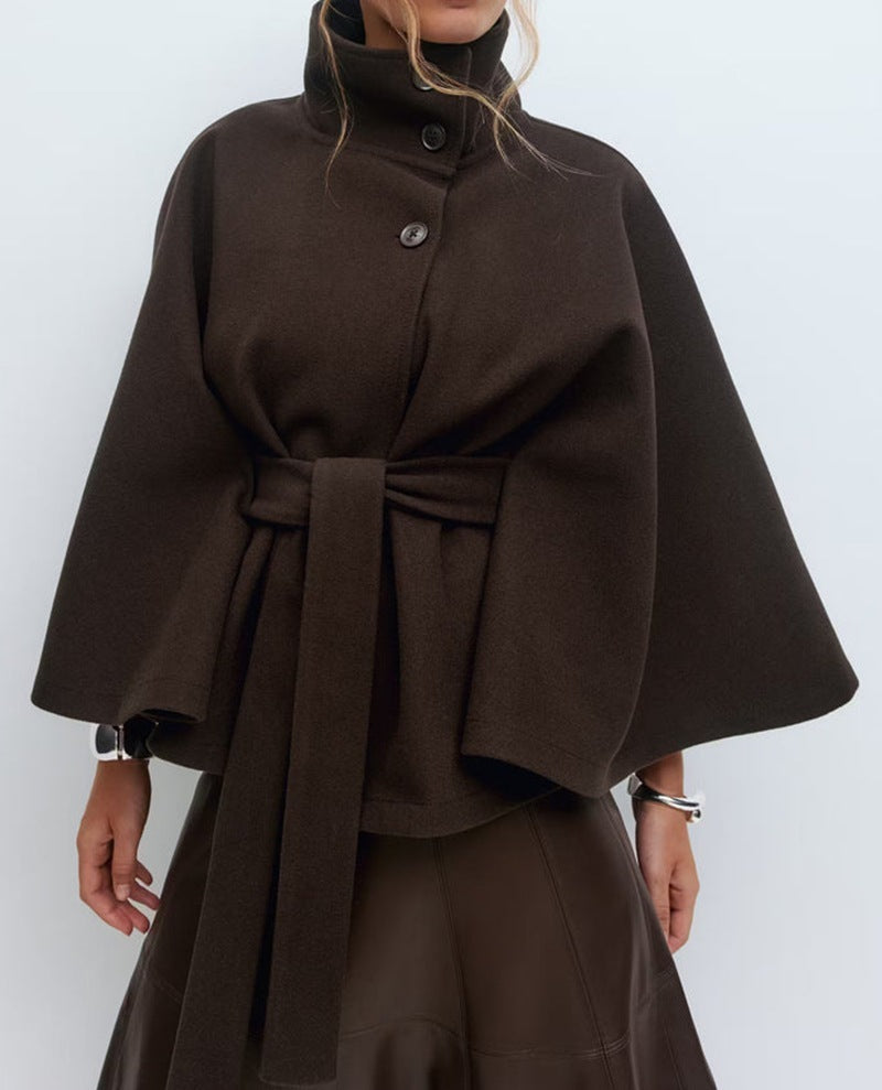 Elegant High Neck Batwing Sleeve Coat With Belt