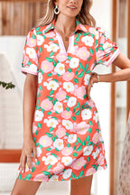 Fresh Salmon Floral Print Contrast Striped Trim Polo Collar T Shirt Dress