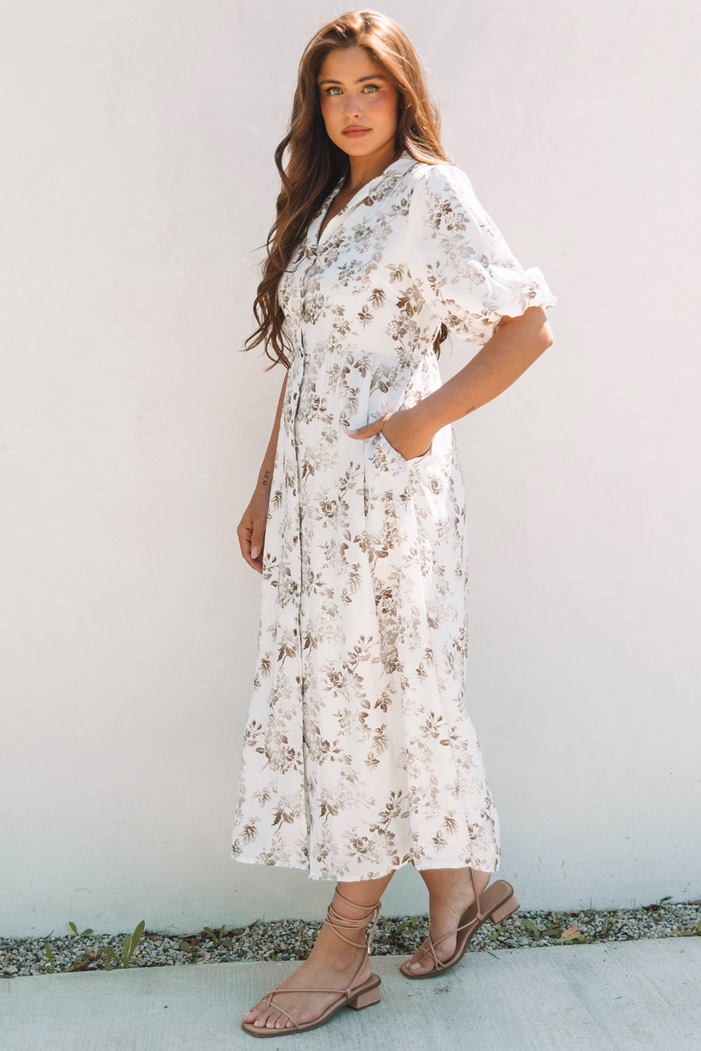 Khaki Floral Puff Sleeve V Neck Buttoned Front Maxi Dress
