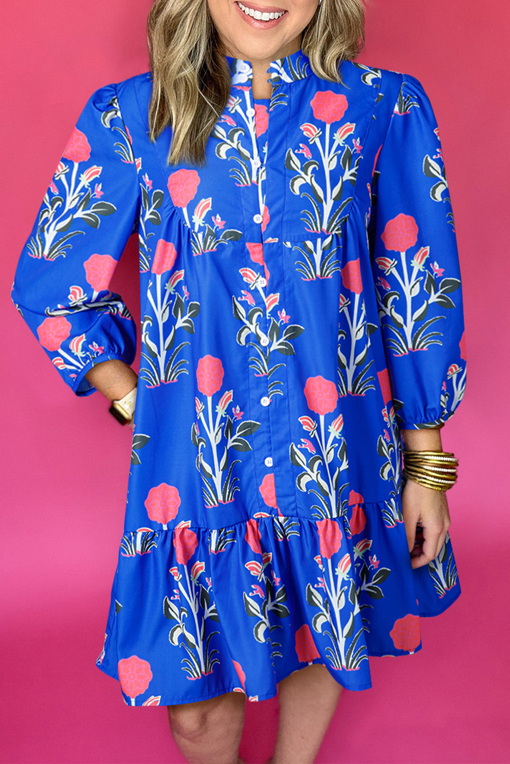 Blue Floral Print Button Detail 3/4 Puff Sleeve Ruffle Hem Dress