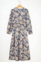 Sky Blue Floral Print Smocked High Waist Long Sleeve Maxi Dress