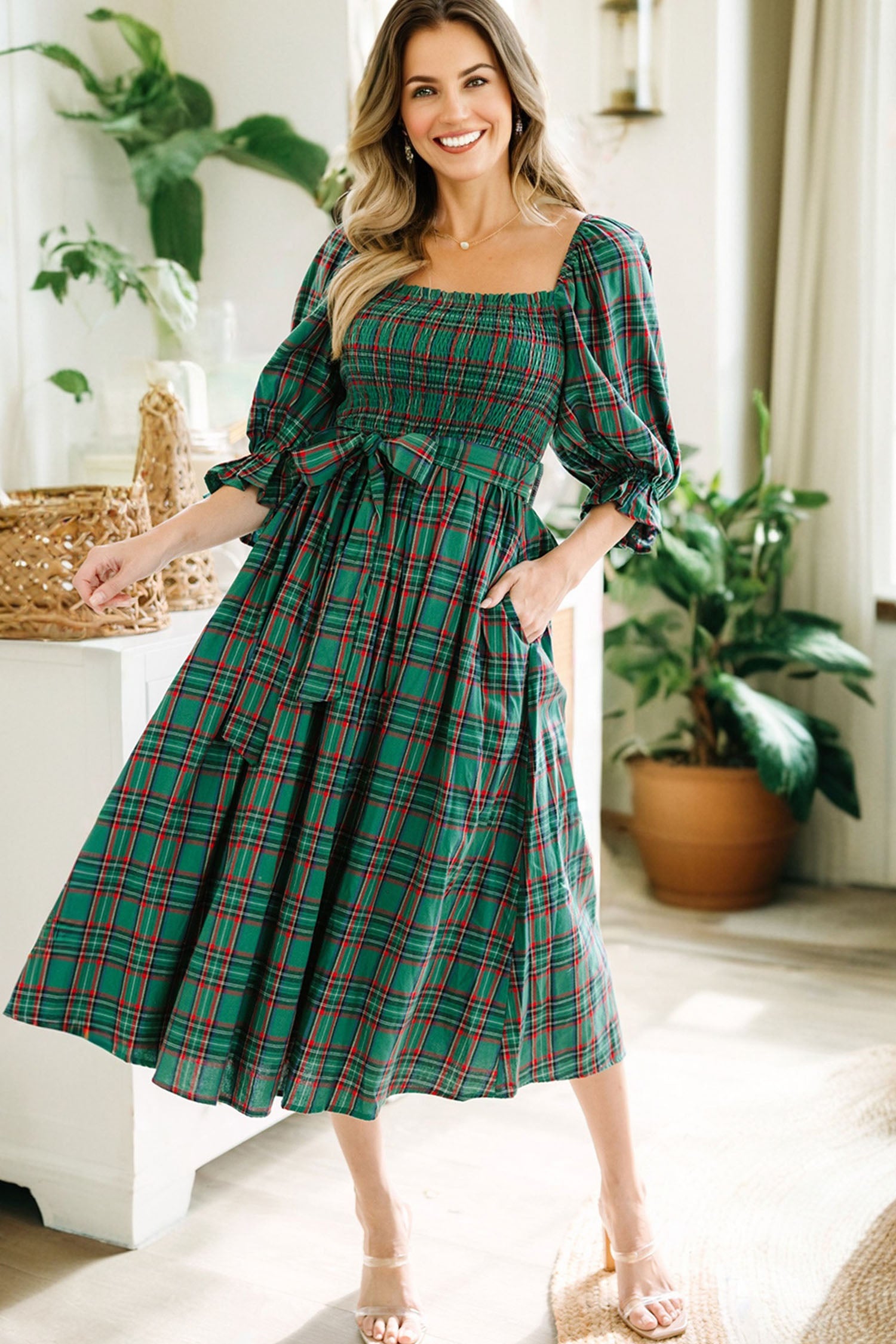 Red Tartan Plaid Square Neck Puff Sleeve Knot Waist Flared Midi Dress