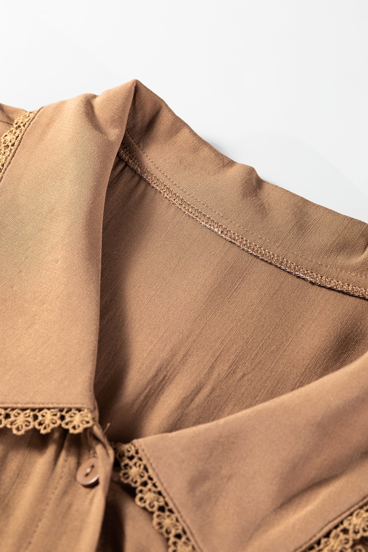 Straw Yellow Lace Trim Peter Pan Collar Long Sleeve Mini Shirt Dress