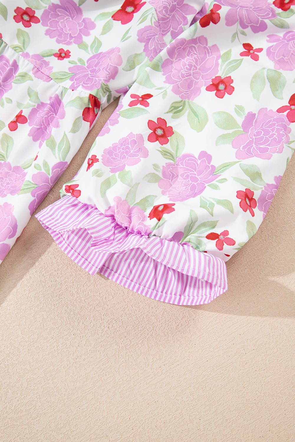 Pink Floral Print Striped Trim Frilled Neck 3/4 Sleeve Flared Mini Dress