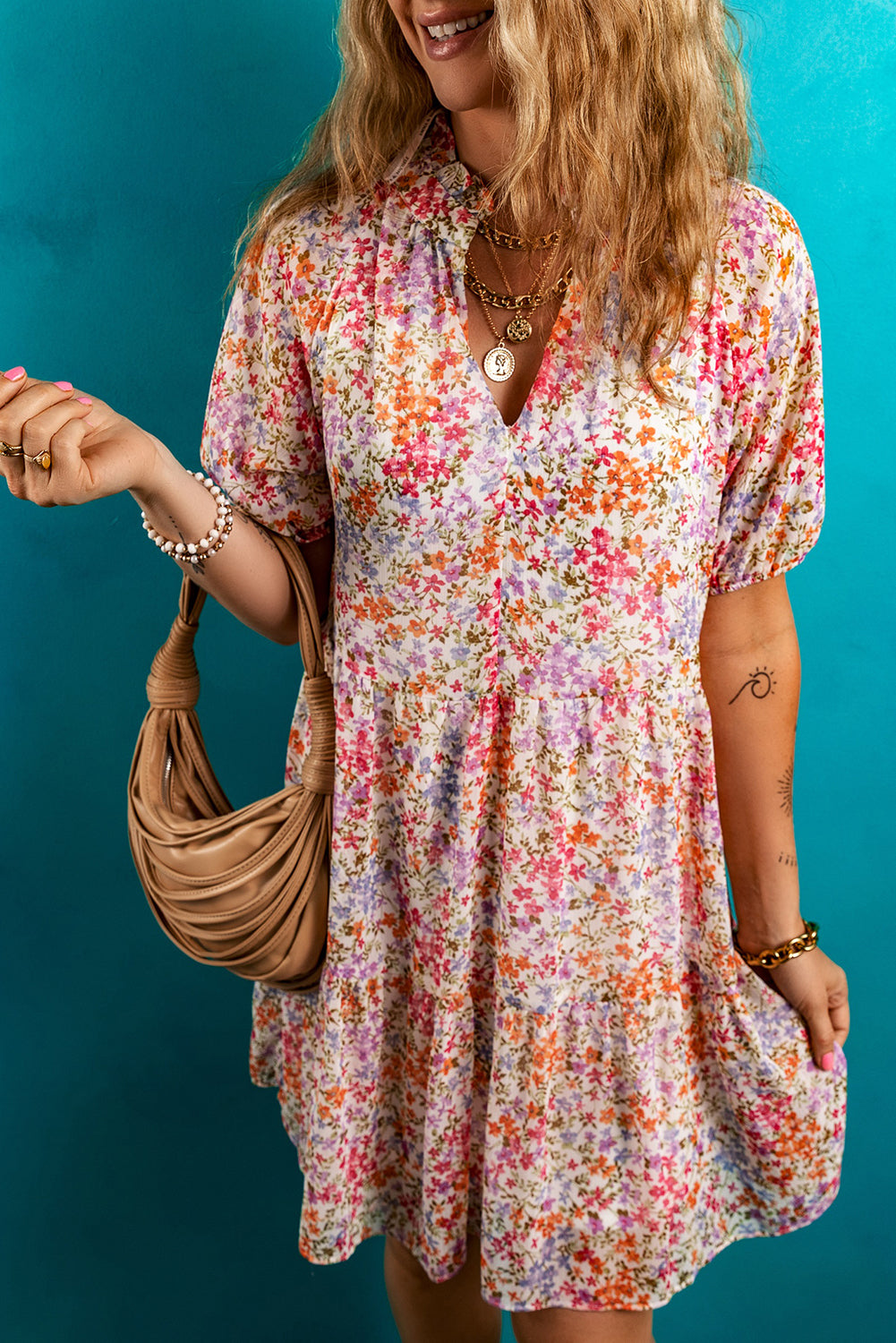 Red Floral Puff Sleeve Notched V Neck Tiered Mini Dress