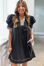 Black Leopard Trim Notched Neck Short Puff Sleeve Shift Mini Dress