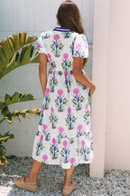 Sky Blue Floral Puff Short Sleeve V Neck High Waist Maxi Dress