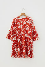Red Boho Floral Print Lettuce Trim 3/4 Sleeve Mini Dress