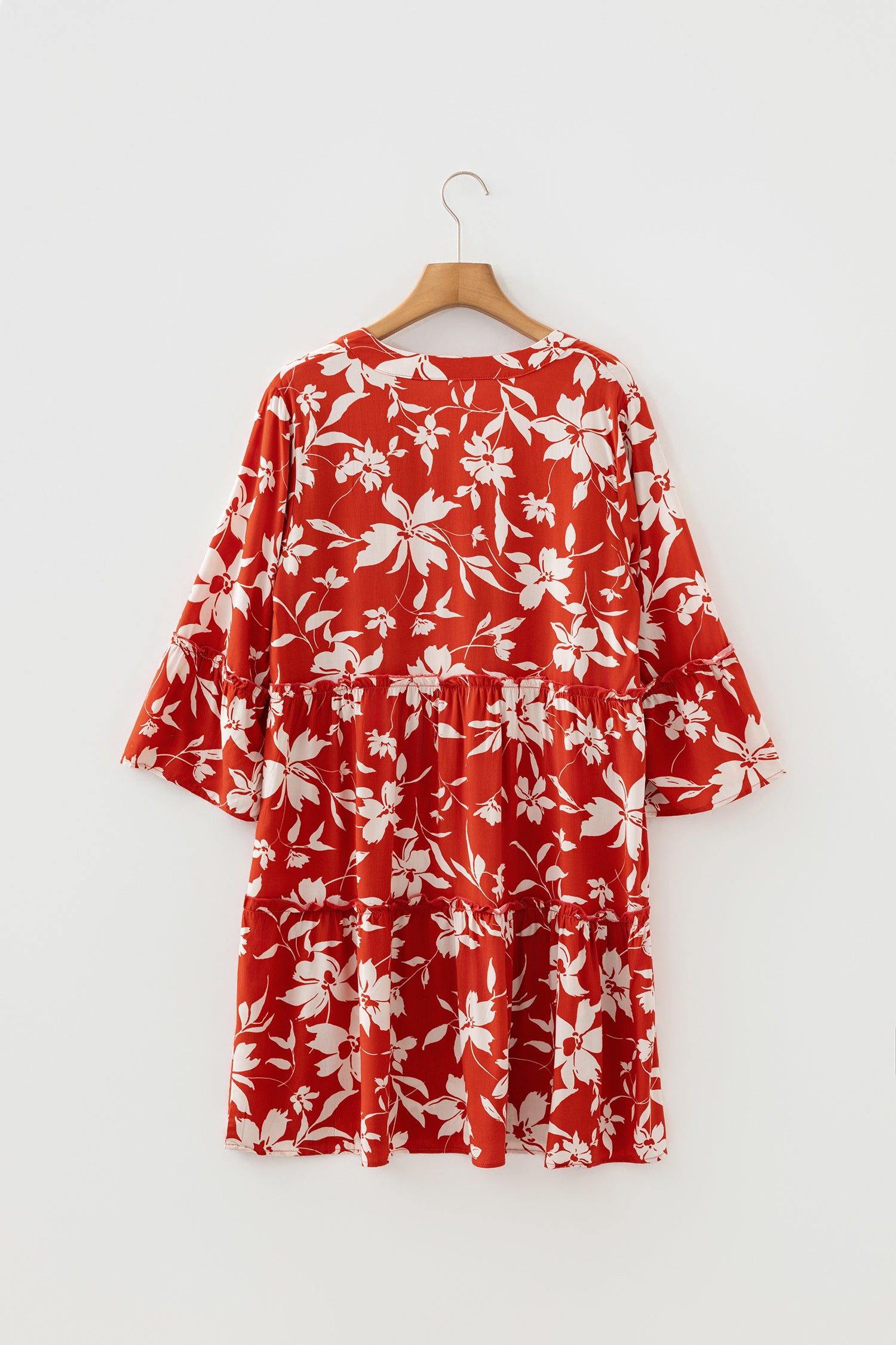 Red Boho Floral Print Lettuce Trim 3/4 Sleeve Mini Dress