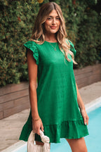 Dark Blue Textured Flutter Sleeve Ruffled Mini Dress