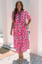 Pink Floral Contrast Neckline A-line Puff Sleeve Long Dress