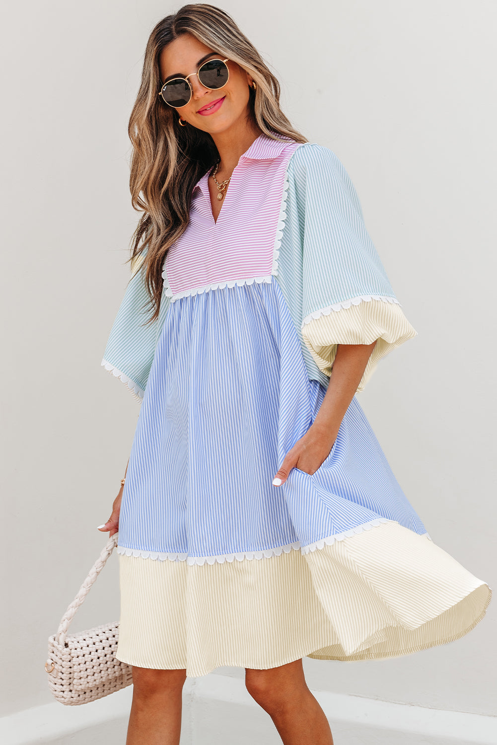 Multicolour Striped Patchwork Ric Rac Puff Sleeve Collared Mini Dress