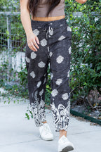 Black Bohemian Printed Drawstring Elastic Waistband Wide Leg Pants