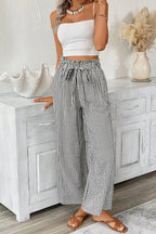 Black Stripe Tied High Waist Loose Straight Casual Pants