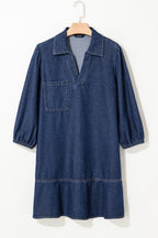 Sail Blue V Neck Collared Single Chest Pocket Long Sleeve Denim Dress