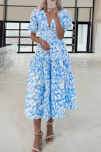 Sky Blue Floral V Neck Puff Short Sleeve Flowy Long Dress