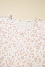 Beige Cheetah V Neck Tee and Pants Lounge Set