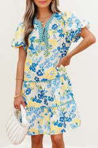 Blue Floral Striped Trim Puff Short Sleeve Dress