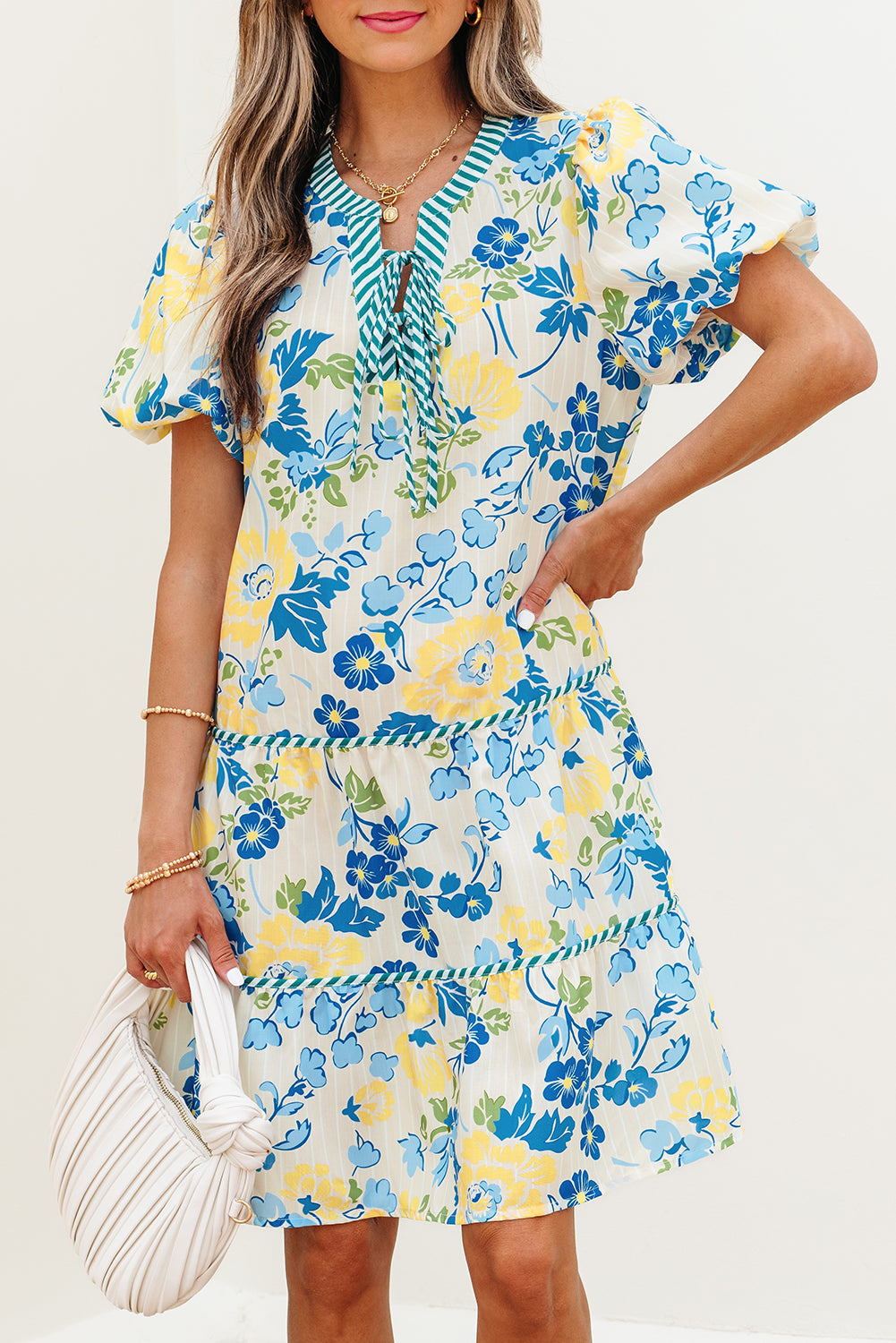 Blue Floral Striped Trim Puff Short Sleeve Dress