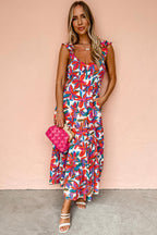Red Boho Floral Ruffled Strap V Neck Maxi Dress