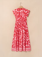 Red Boho Floral Short Sleeve V Neck Buttoned Shirred Waist Long Dress