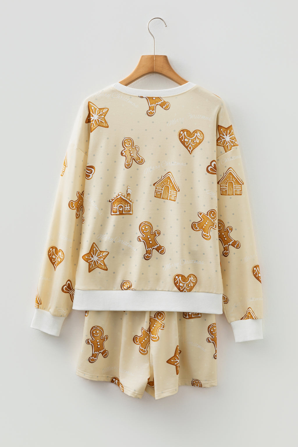 Beige Gingerbread Man Christmas Print Long Sleeve Pullover Lounge Short Set