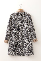 Multicolour Button Striped Collar Leopard Print Long Sleeve Flared Dress