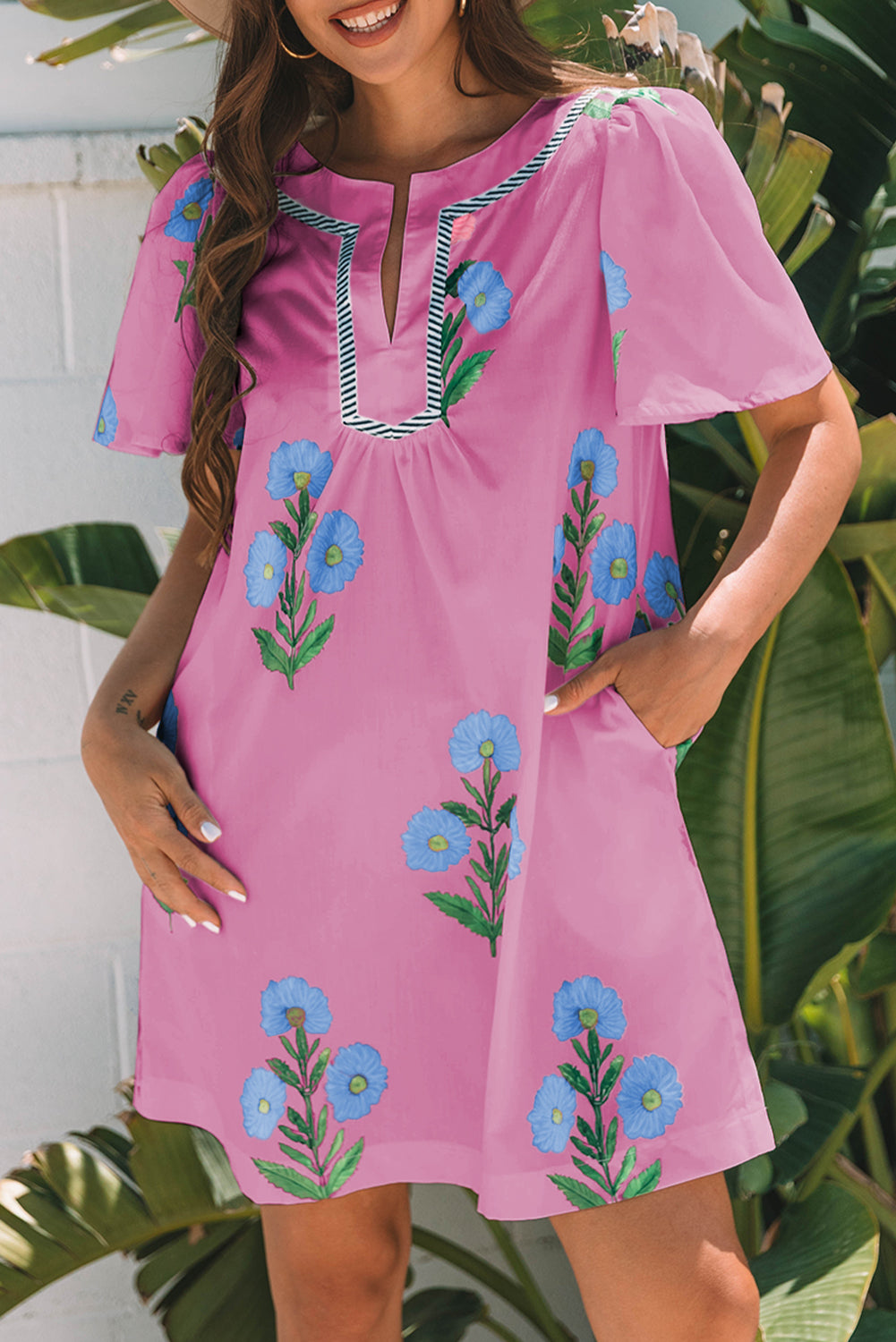 Apricot Floral Short Sleeve Split Neck Loose Mini Dress