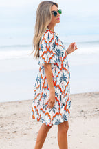 Orange Contrast Palm Tree Printed Short Sleeve Flowy Dress