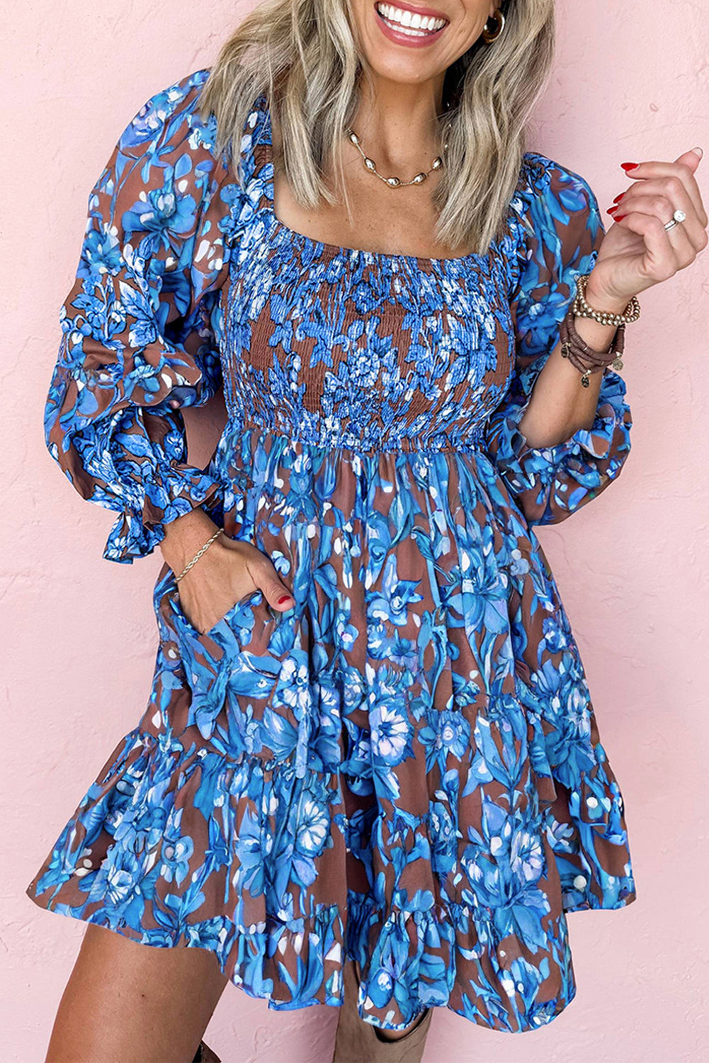 Blue Smocked Bodice High Waist Ruffled Sleeve Floral Dress