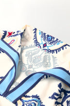 Blue Ethnic Print Striped Split Neck Long Sleeve Flowy Mini Dress