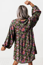Green Floral Print Split Neck Bubble Sleeve Shift Mini Dress
