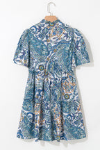 Blue Bohemian Paisley Floral V Neck Short Sleeve Mini Dress