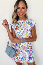 Sky Blue Vibrant Floral Print Cap Sleeve Mini Dress