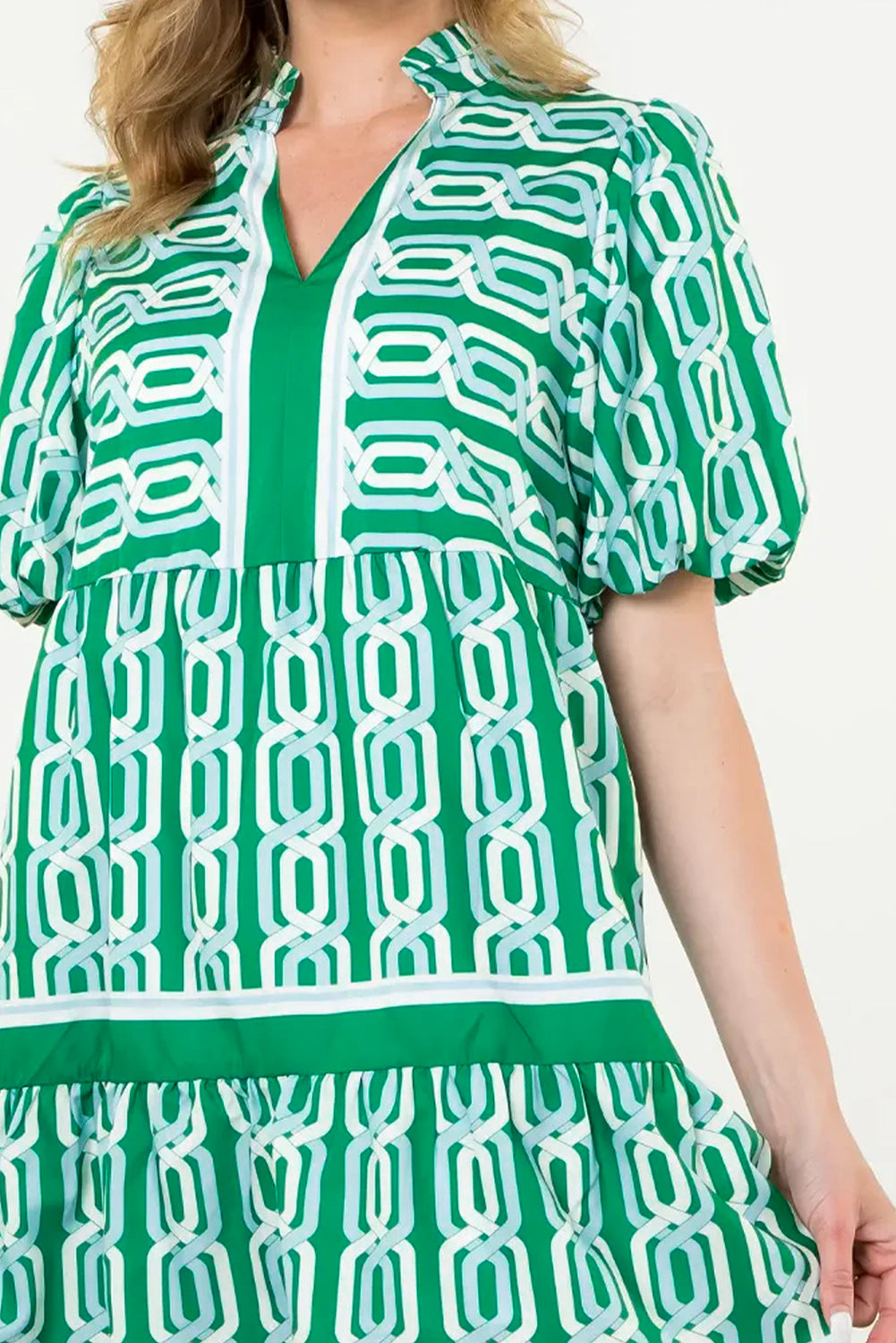 Bright Green Abstract Patterned V Neck Puff Short Sleeve Mini Dress
