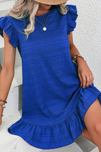 Dark Blue Textured Flutter Sleeve Ruffled Mini Dress