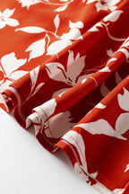 Red Boho Floral Print Lettuce Trim 3/4 Sleeve Mini Dress