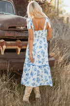Sky Blue Floral Print Shirred Knot Shoulder Sleeveless Long Dress