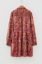 Red Floral Print Long Sleeve Shirred High Neck Loose Mini Dress