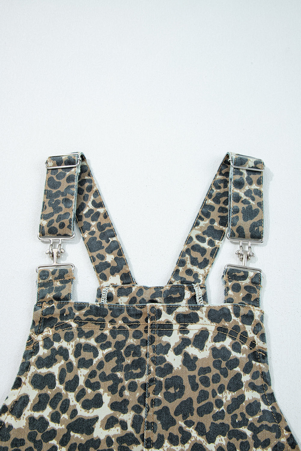 Gray Leopard Print Pocketed Loose Fit Denim Overall Dress