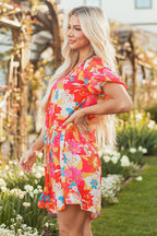 Pink Floral Print Bubble Short Sleeve Dress