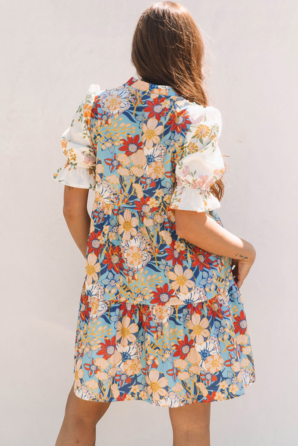 Multicolour Boho Floral Print Crochet Patchwork V Neck Loose Mini Dress