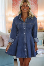 Ashleigh Blue Denim Shirt Collar Long Sleeve Flared Mini Dress