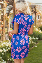 Purple Floral Striped Quarter Zip Cap Sleeve Drawstring Waist Mini Dress